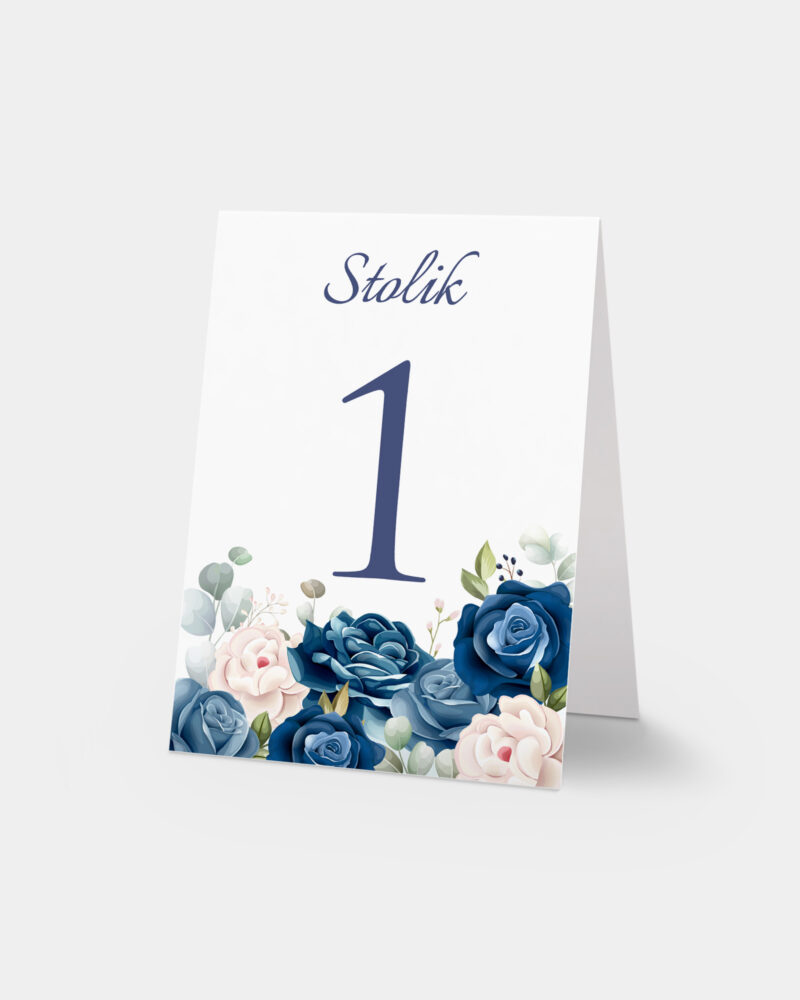 numery stołów niebieskie kwiaty