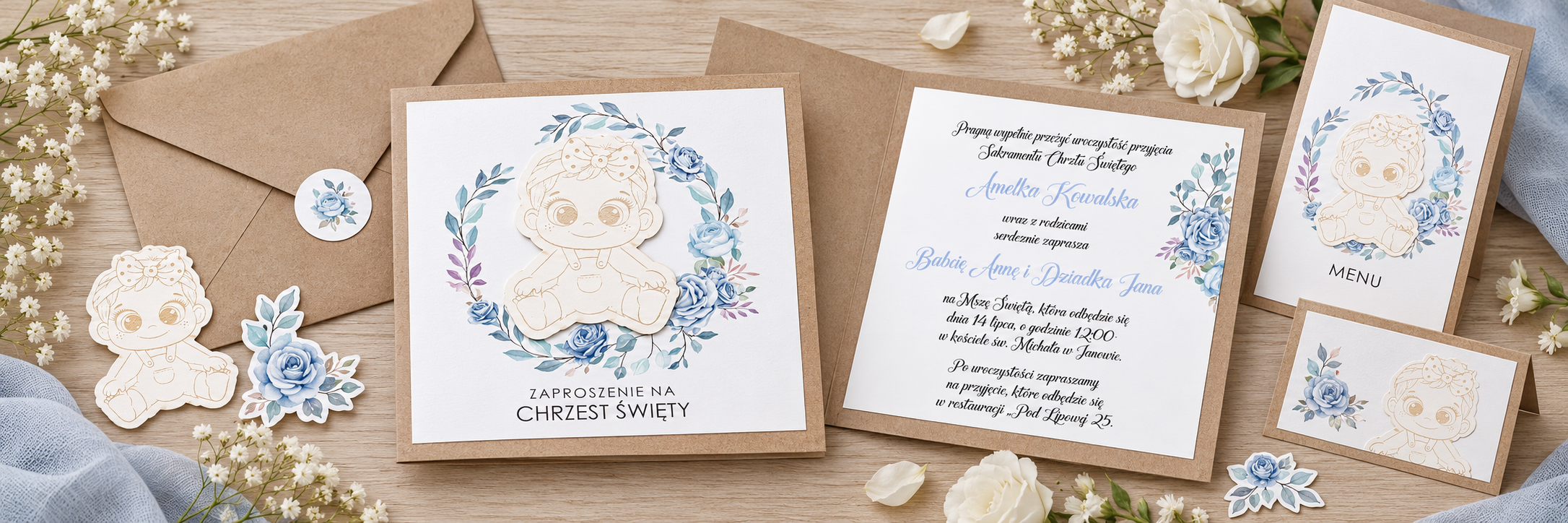 Baby Girl Blue — aranżacja zaproszenia na chrzest 1