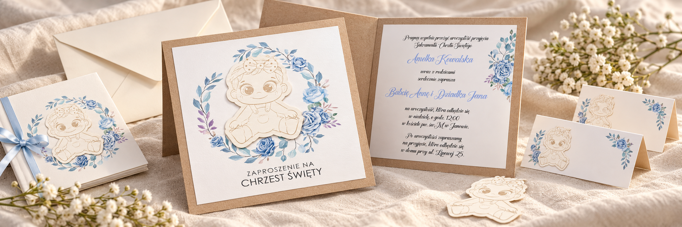 Baby Girl Blue — aranżacja zaproszenia na chrzest 2