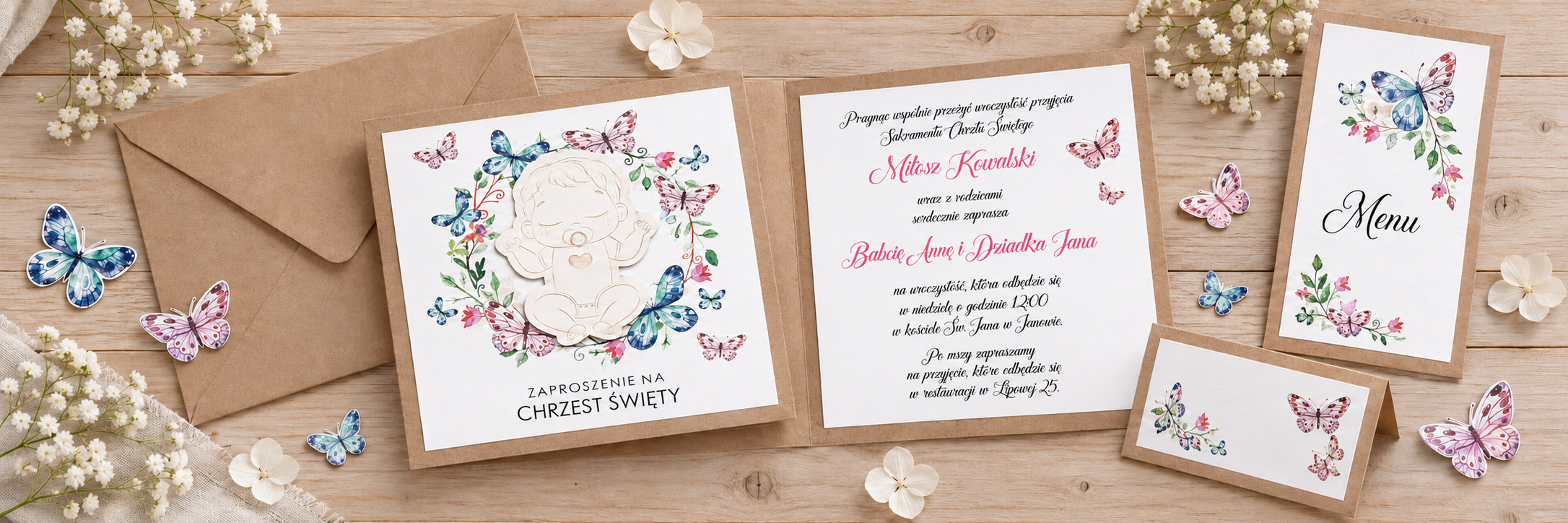 Baby Nipple Butterfly — aranżacja zaproszenia na chrzest 1