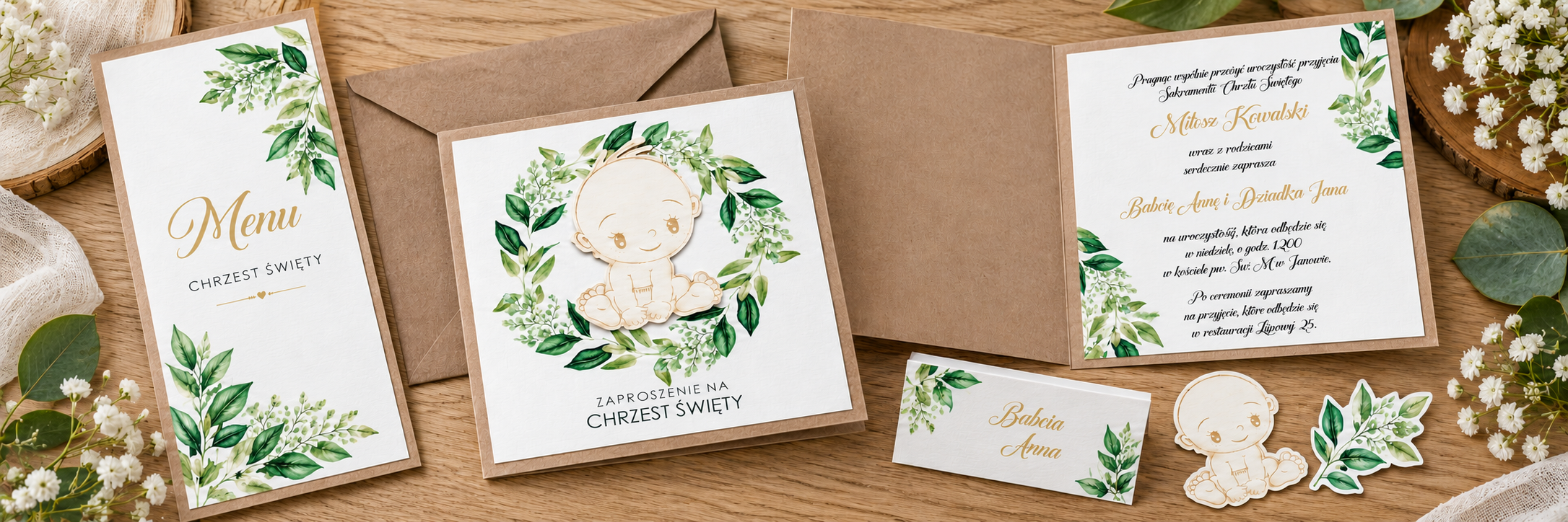 Baby White Eko Green — aranżacja zaproszenia na chrzest 1