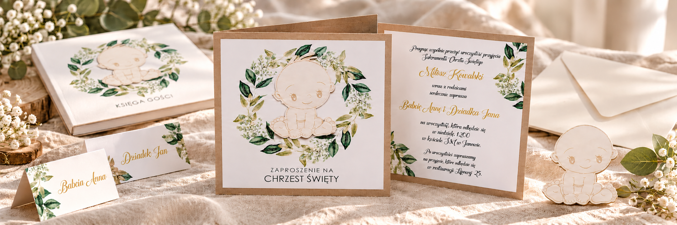 Baby White Eko Green — aranżacja zaproszenia na chrzest 2