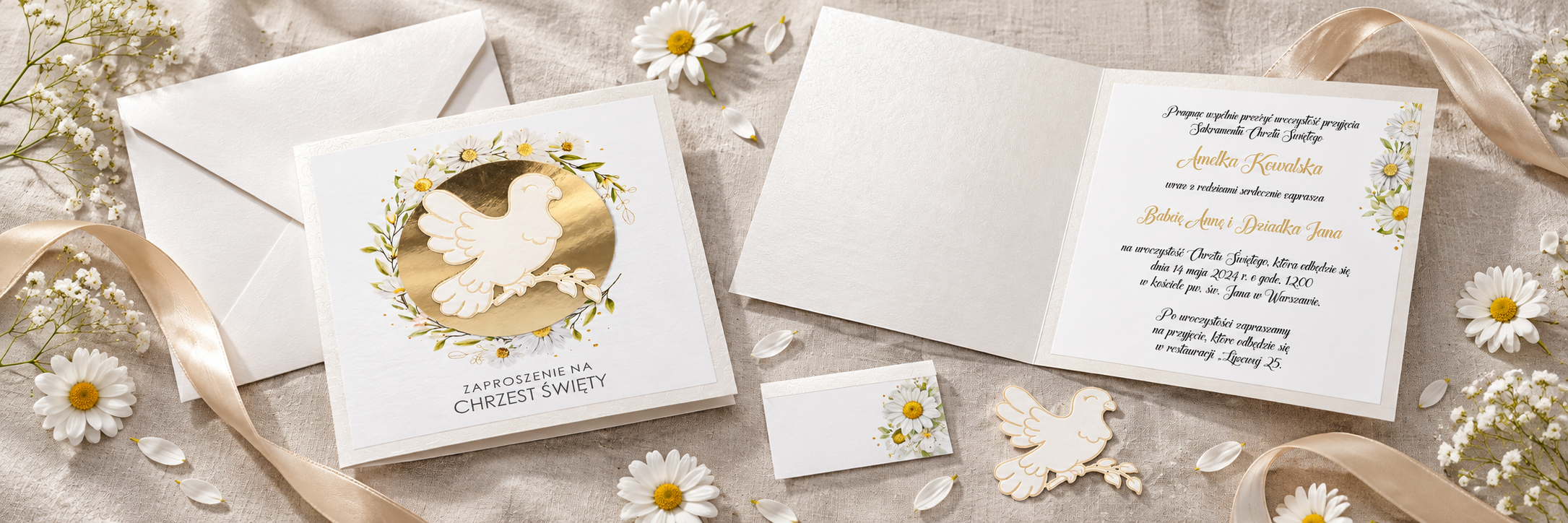 Dove Daisy — aranżacja zaproszenia na chrzest