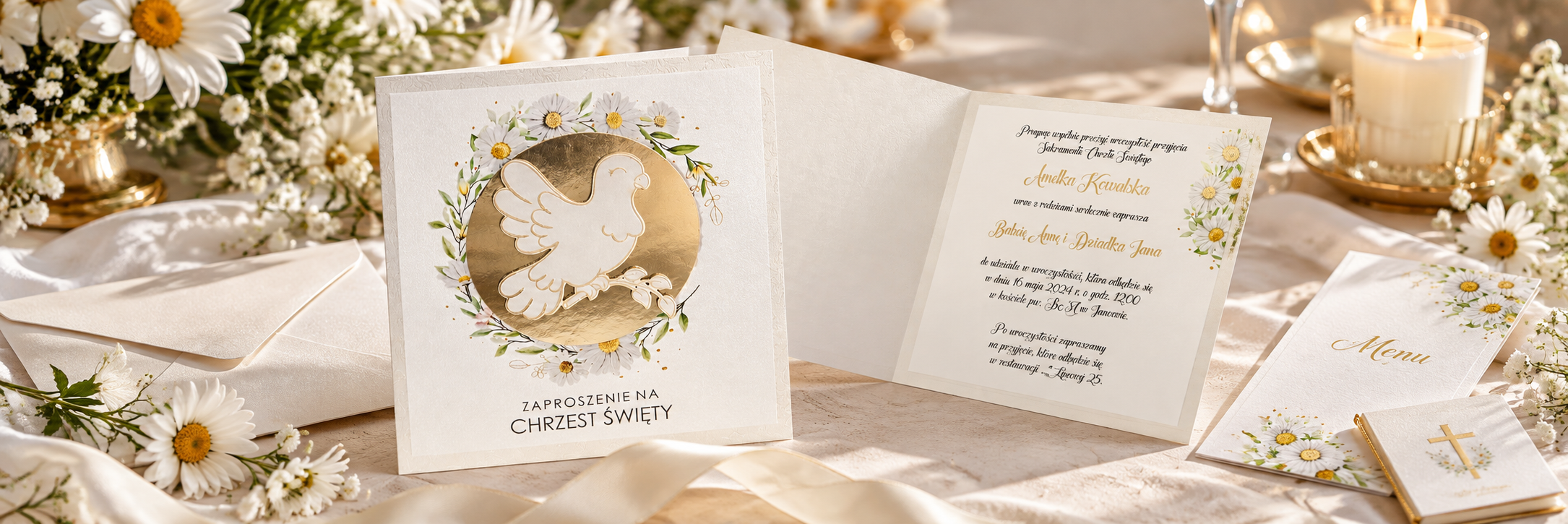 Dove Daisy — aranżacja zaproszenia na chrzest