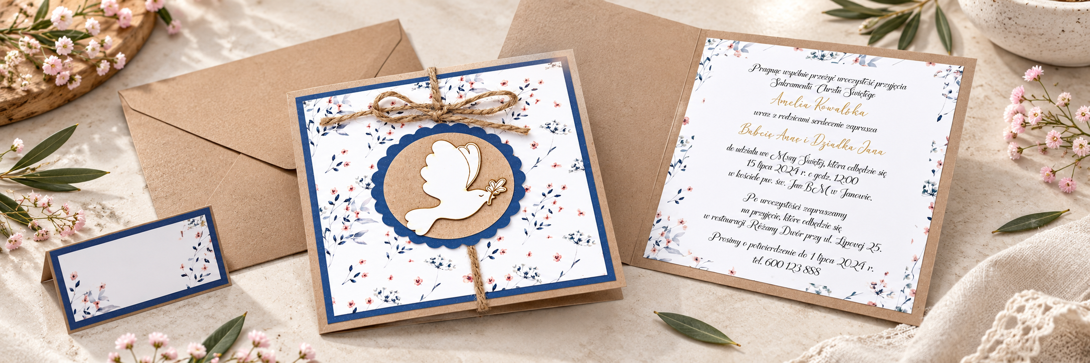 Dove Fine Pattern — aranżacja zaproszenia na chrzest