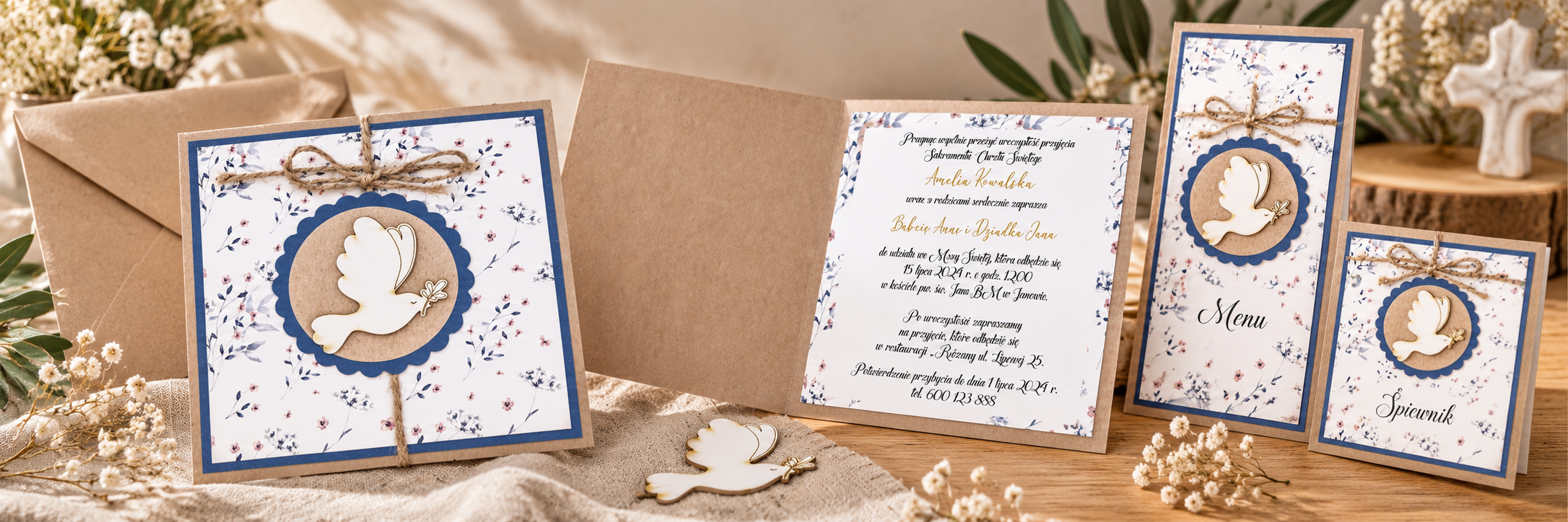 Dove Fine Pattern — aranżacja zaproszenia na chrzest