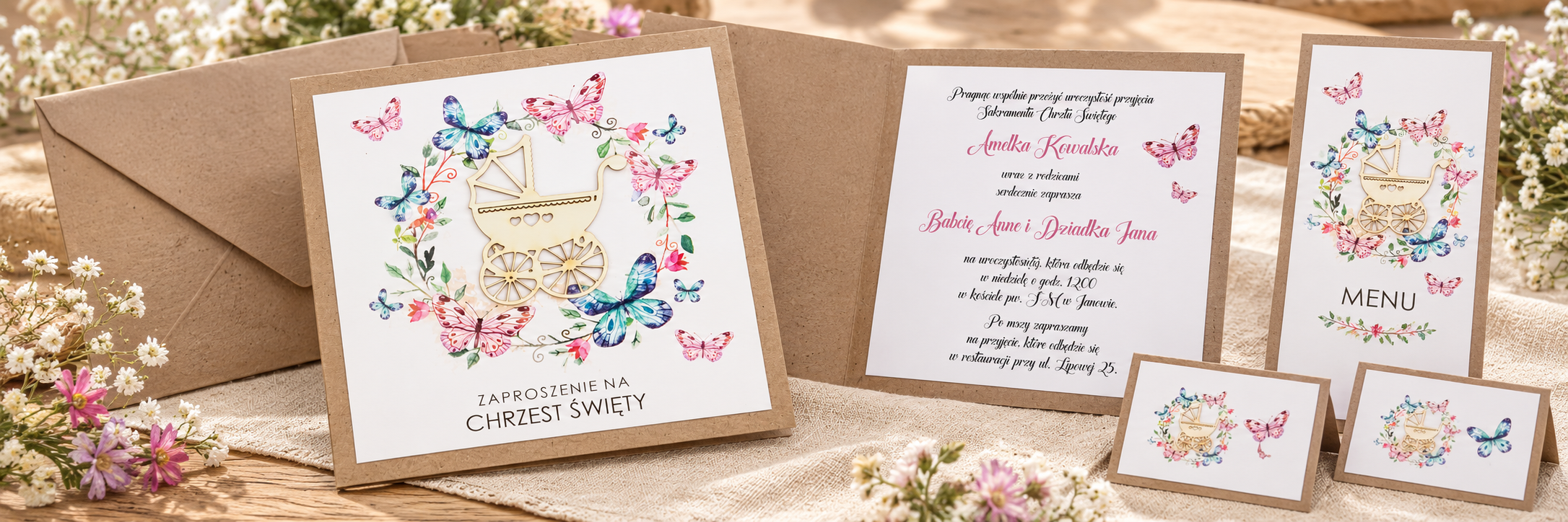 Rustykalny Wózek Butterfly — aranżacja zaproszenia na chrzest