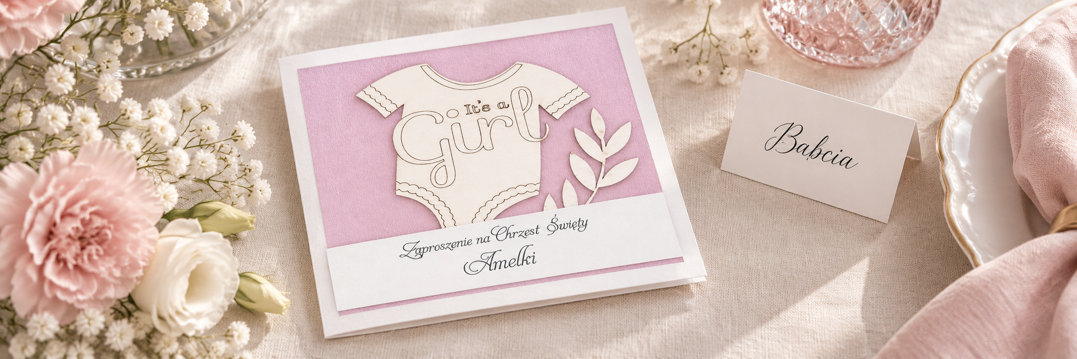Twig Pink — aranżacja zaproszenia na chrzest 1