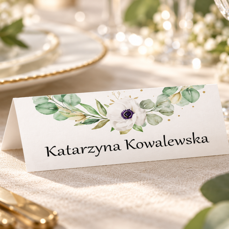 Winietka z białymi kwiatami i zielonymi liśćmi na elegancko nakrytym stole
