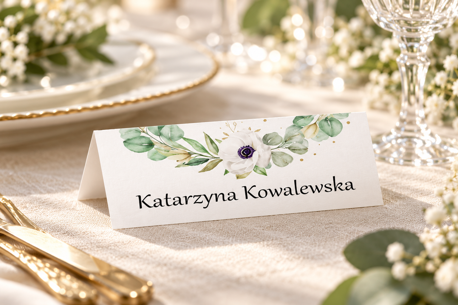 Winietka z białymi kwiatami i zielonymi liśćmi na elegancko nakrytym stole