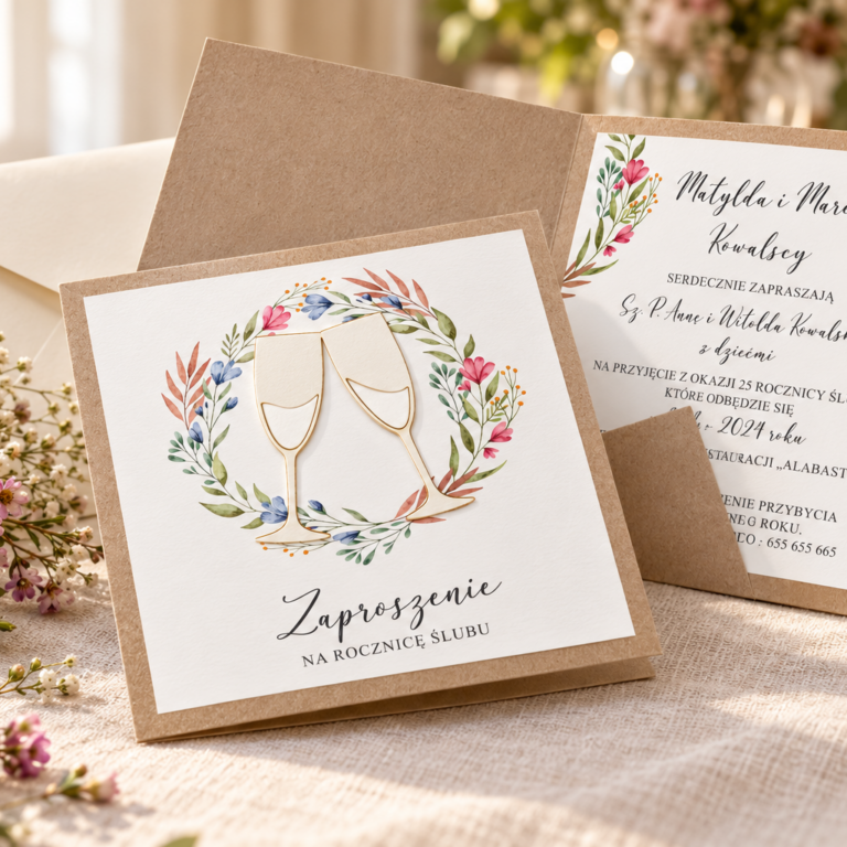 Zaproszenia na rocznicę — aranżacja Champagne Meadow