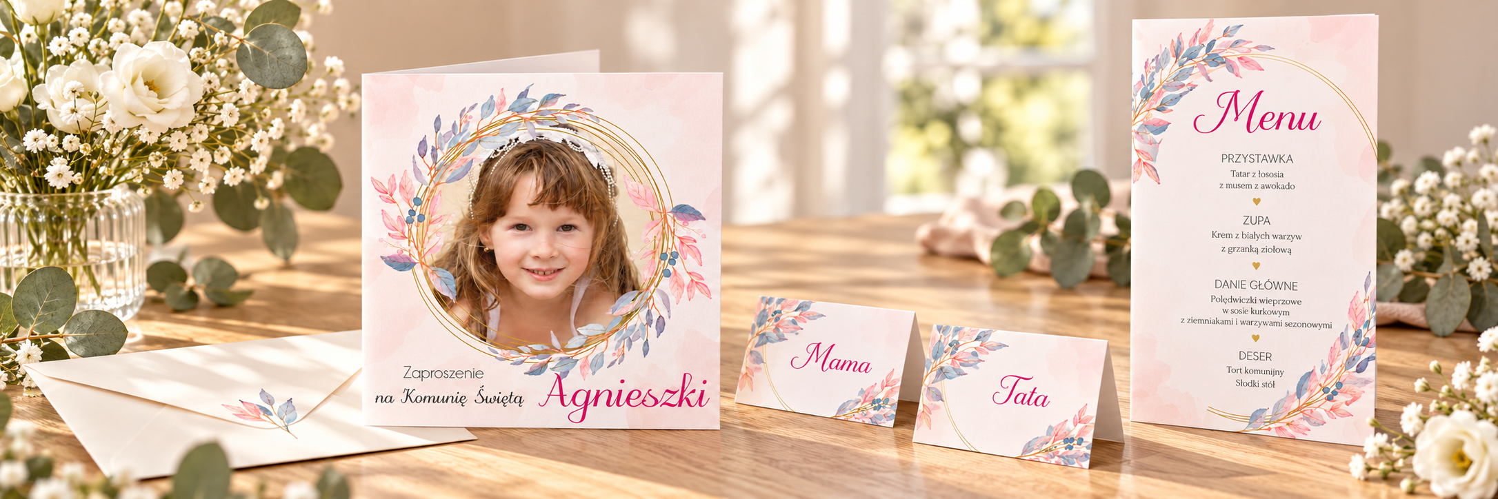 Pink Clouds — zaproszenie, koperta, winietki i menu na dębowym stole