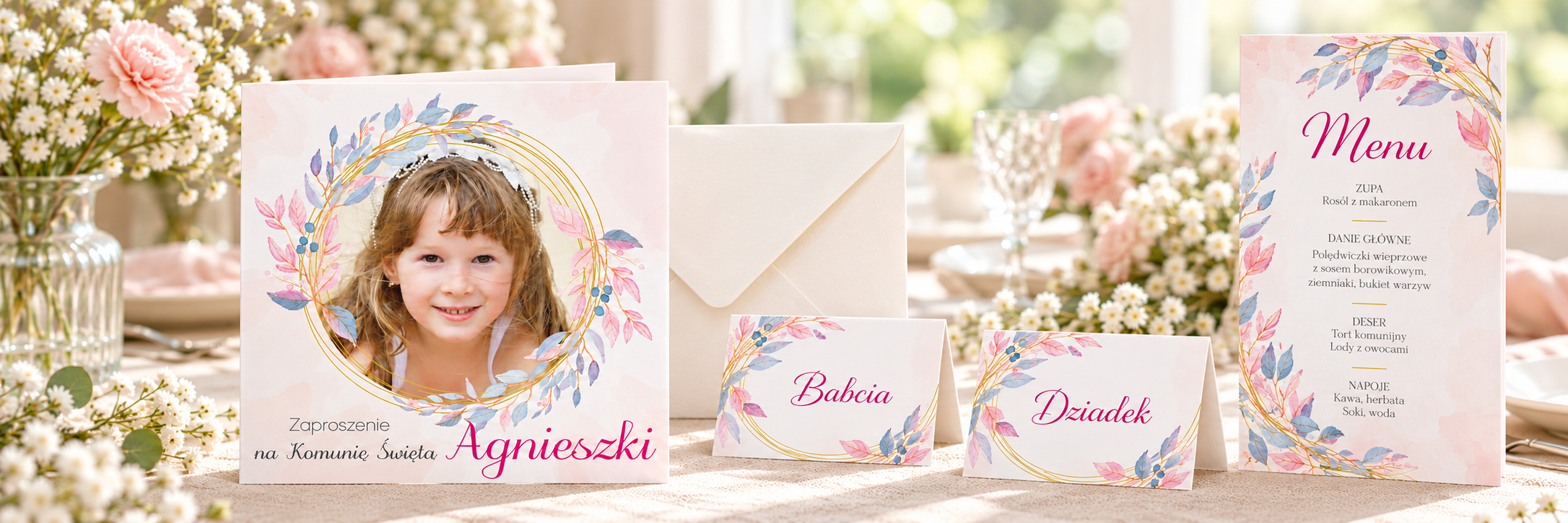 Pink Clouds — zaproszenie, koperta, winietki i menu na jasnej tkaninie